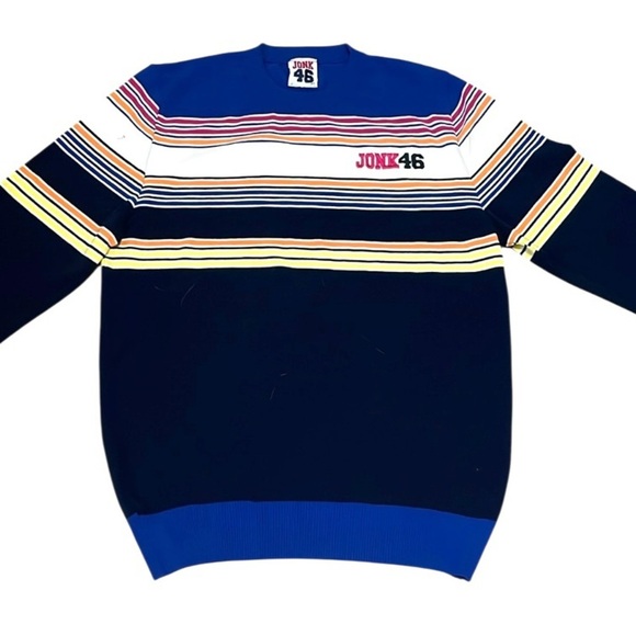 JONK 46 Men Crewneck Sweater Navy Multicolored stripe Size L Made in Italy NWOT - Picture 1 of 11